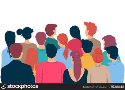 Back view colored head of cartoon people crowd theater watching isolated on white background. Viewers characters man and woman looking at show entertainment presentation vector graphic illustration. Back view colored head of cartoon people crowd theater watching isolated on white background