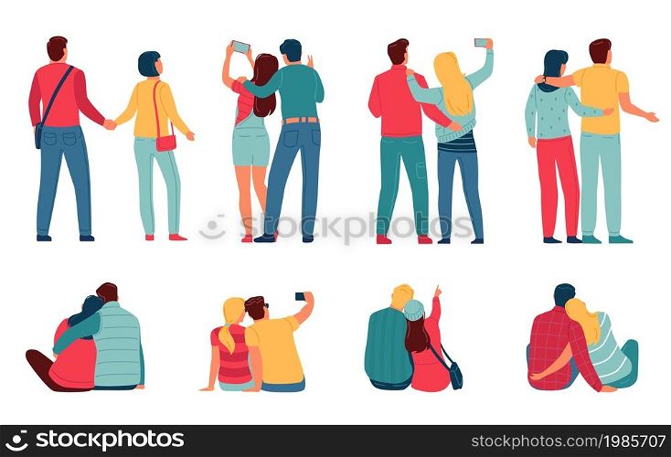 Back view couples. Happy hugging people stand or sit, take pictures on phones and take selfies, men and women pairs looking ahead, people in romantic relationships vector cartoon flat isolated set. Back view couples. Happy hugging people stand or sit, take pictures on phones and selfies, men and women pairs looking ahead, people in romantic relationships, vector cartoon flat isolated set