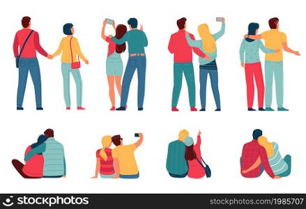 Back view couples. Happy hugging people stand or sit, take pictures on phones and take selfies, men and women pairs looking ahead, people in romantic relationships vector cartoon flat isolated set. Back view couples. Happy hugging people stand or sit, take pictures on phones and selfies, men and women pairs looking ahead, people in romantic relationships, vector cartoon flat isolated set