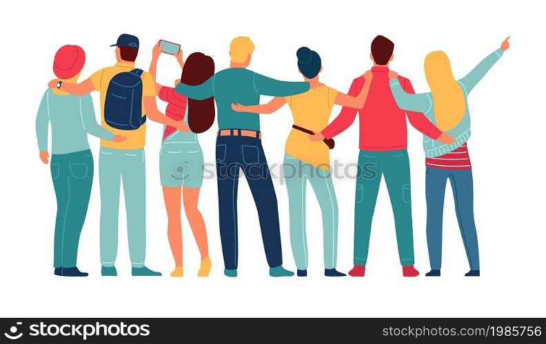 Back view friends group. Happy hugging people team. Standing male and female characters. Men and women company. Fun students. Cartoon cheerful persons posing for selfies. Vector friendship concept. Back view friends group. Hugging people team. Standing male and female characters. Men and women company. Fun students. Cheerful persons posing for selfies. Vector friendship concept