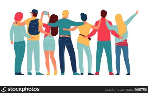 Back view friends group. Happy hugging people team. Standing male and female characters. Men and women company. Fun students. Cartoon cheerful persons posing for selfies. Vector friendship concept. Back view friends group. Hugging people team. Standing male and female characters. Men and women company. Fun students. Cheerful persons posing for selfies. Vector friendship concept