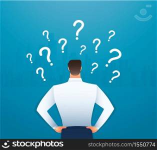 back view of businessman looking at question marks vector illustration
