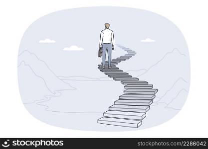 Back view of businessman stand on stairs to career success or goal achievement. Motivated male employee or worker on way to aim accomplishment. Business and motivation. Vector illustration. . Businessman on stairs to career success