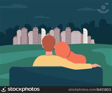 Back view of couple looking at night cityscape. Bench, girlfriend, boyfriend flat vector illustration. Relationship and love concept for banner, website design or landing web page