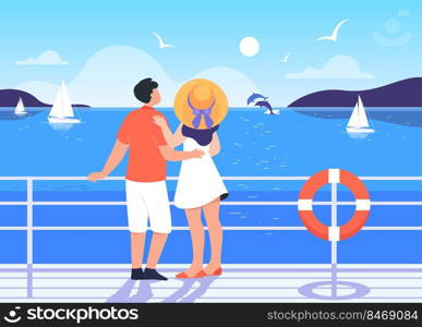 Back view of couple on deck of cruise ship. Man and woman sailing on boat, romantic seascape flat vector illustration. Vacation, romance, leisure concept for banner, website design or landing web page
