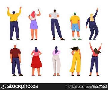 Back view of different people vector illustration set. Men and women standing, watching, waving hands, taking photo on phone,  diversity actions, casual clothes concept