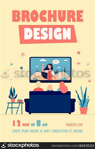 Back view of family sitting on sofa and watching TV isolated flat vector illustration. Cartoon characters on couch in living room. Entertainment and leisure concept