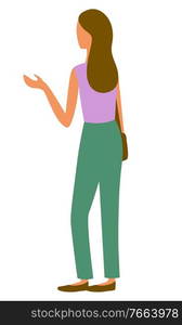 Back view of girl in green trousers and purple sleeveless shirt isolated on white. Vector pretty girl at marketplace, cartoon style character in flat design. Back View of Girl in Green Trousers, Purple Shirt