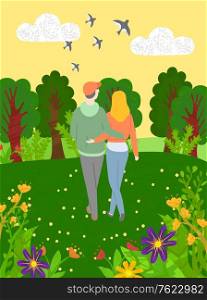 Back view of hugging people walking in forest with green trees and blooming flowers. Vector embracing man and woman spend time together, summer time. Back View of Hugging People Walking in Forest Birds
