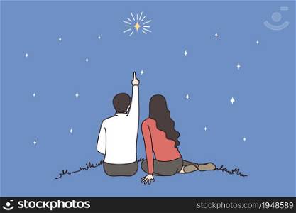 Back view of lover couple sit outdoor count stars on romantic evening together. Man and woman look in dark night sky, enjoy romance on date. Love and relationship concept. Vector illustration.. Couple lovers count stars in night sky