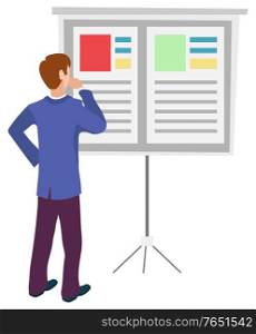Back view of male character looking at billboard with some information, thinking about business education. Vector isolated cartoon man manager flat design. Back View of Male Character Looking at Billboard