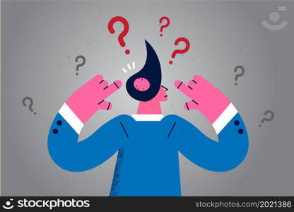 Back view of man feel worried confused show bald head suffer from alopecia. Unhappy male distressed with haircare struggle with hair loss at young age. Baldness problem. Flat vector illustration. . Man feel confused show bald hair with alopecia