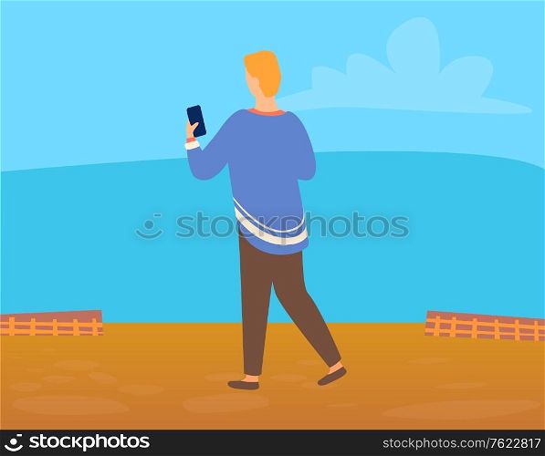 Back view of man or woman making photo of amazing landscape from high point. Vector cartoon person with smartphone, communication and chatting concept. Back View of Man or Woman Making Photo Landscape