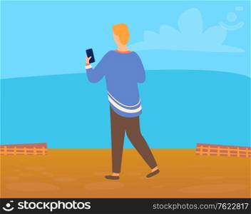 Back view of man or woman making photo of amazing landscape from high point. Vector cartoon person with smartphone, communication and chatting concept. Back View of Man or Woman Making Photo Landscape
