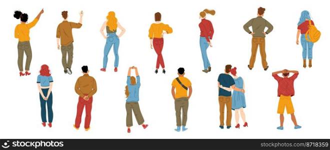 Back view of standing diverse people. Men and women characters in casual style clothes from behind. Adult persons in different poses, couple hug, girl pointing hand up, vector flat illustration. Back view of standing diverse people