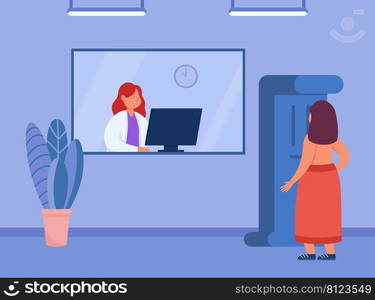 Back view of woman in front of mammogram machine in clinic. Medical examination, breast cancer diagnosis flat vector illustration. Mammography, technology concept for banner or landing web page