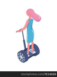 Back view of woman standing on hoverboard, modern equipment, female character in dress riding electric transport, modern eco technology, balancing. Vector illustration in flat cartoon style. Girl Riding Segway, Electric Transport, Eco Vector