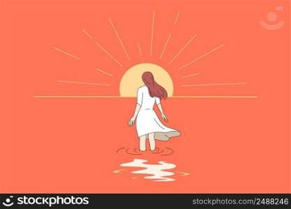 Back view of woman walking towards sun. Concept of self-development and inner growth. Female involved in cognitive therapy and self-discovery. Counseling and psychology. Vector illustration. . Woman in process of self-development and discovery 