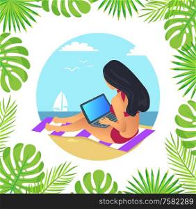 Back view of woman with long dark hair, freelancer sitting on mat, ship on sea. Round boarder with fern leaves, female working with laptop vector. Female Working with Laptop on Mat, Beach Vector
