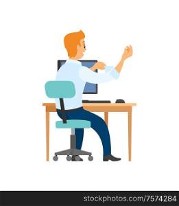 Back view of worker sitting at computer and fixing sleeve on shirt. Male office manager at table on workplace, person on chair isolated vector character. Worker on Chair, Computer and Table, Back View