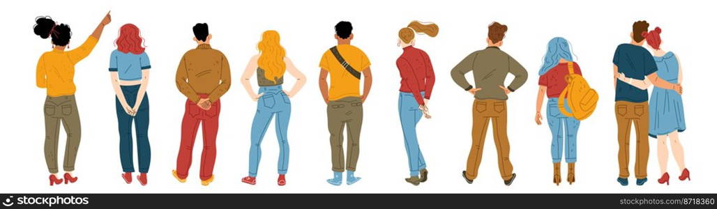 Back view of young people standing in row on white background. Flat male, female characters behind collection. Students in casual clothes, woman pointing finger, man with hands on belt, couple hugging. Back view of young people standing in row
