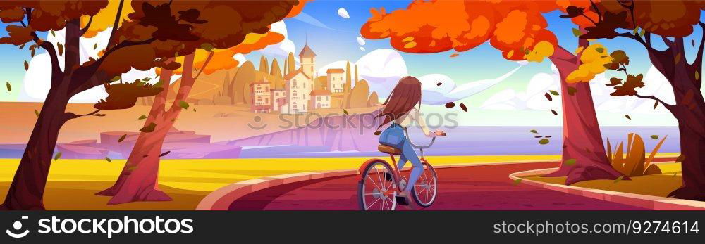 Back view of young woman riding bicycle in autumn park, heading towards coastal town. Vector cartoon illustration of active female enjoying bike trip, golden foliage flying in air, vacation travel. Young woman riding bicycle in autumn park