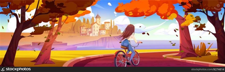 Back view of young woman riding bicycle in autumn park, heading towards coastal town. Vector cartoon illustration of active female enjoying bike trip, golden foliage flying in air, vacation travel. Young woman riding bicycle in autumn park