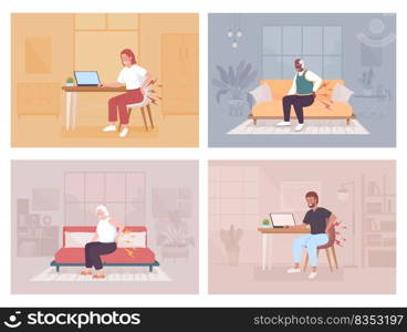 Backache and cr&s flat color vector illustration set. Lower back pain while sitting. Osteoarthritis symptom. Fully editable 2D simple cartoon character collection with cozy interior on background. Backache and cr&s flat color vector illustration set