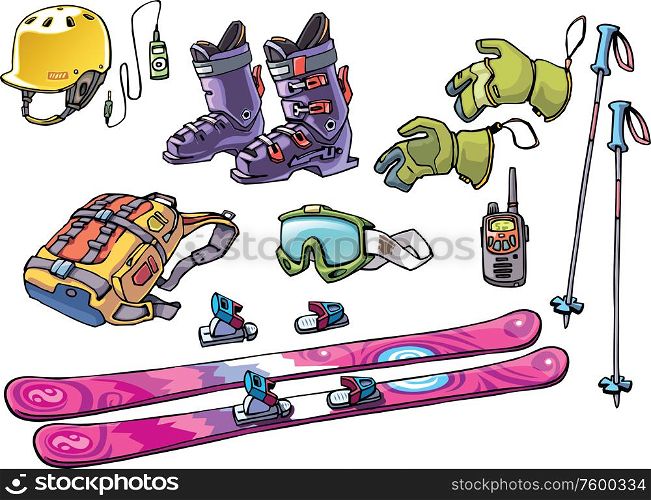 Backcountry Freeride Skier?s Stuff. The set of the equipment of a backcountry freerider: the freeride ski, the bindings, the ski boots, the hard hat with the good ride music, the goggles, the backpack with two ski poles, the gloves and the waterproof high range radio.