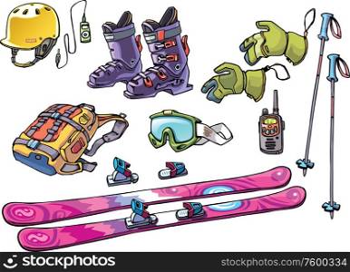 Backcountry Freeride Skier?s Stuff. The set of the equipment of a backcountry freerider: the freeride ski, the bindings, the ski boots, the hard hat with the good ride music, the goggles, the backpack with two ski poles, the gloves and the waterproof high range radio.