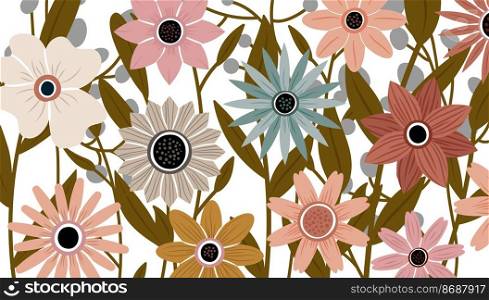backdrop decorated with blooming flowers and leaves. Abstract art nature background vector. Trendy plants frame. flower garden. Botanical floral pattern design for summer. Vector illustration. backdrop decorated with blooming flowers and leaves. Abstract art nature background vector. Trendy plants frame. flower garden. Botanical floral pattern design for summer.