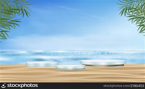 Backdrop Podium Cylinder Stand on sand beach, blue sky, cloud and coconut palm leaves on wall background, Vector 3D Banner Sea beach,Stage pedestal for Product presentation Cosmetic or Spa on Summer