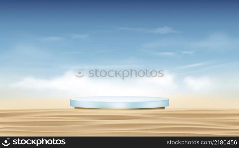 Backdrop Podium Cylinder Stand on sand beach, fluffy cloud and blus sky background, Vector 3D Banner Sea beach,Stage pedestal for Product presentation Cosmetic or Spa on Summer promotion
