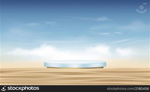 Backdrop Podium Cylinder Stand on sand beach, fluffy cloud and blus sky background, Vector 3D Banner Sea beach,Stage pedestal for Product presentation Cosmetic or Spa on Summer promotion