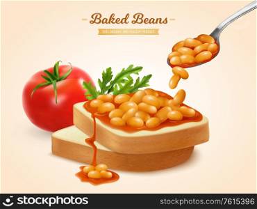 Backed beans in tomato sauce on bread slices realistic advertising composition with arugula sandwich isometric vector illustration