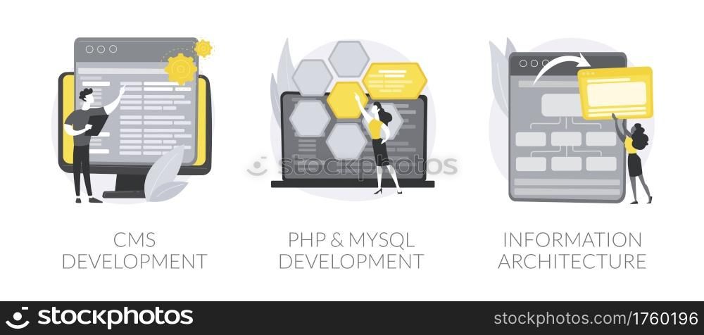 Backend development abstract concept vector illustration set. CMS development, PHP and MySql information architecture, website programmer, coding software, interface web design abstract metaphor.. Backend development abstract concept vector illustrations.