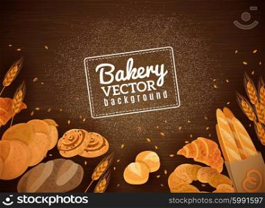 Backery Fresh Bread Dark Wood Background. Fresh bakery production against dark wooden background with french baguette croissant and white buns abstract vector illustration