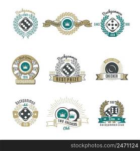 Backgammon clubs retro style emblems with letterings laurel wreaths and rays chips and dice isolated vector illustration. Backgammon Clubs Retro Style Emblems