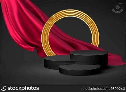 Background 3d black podium product and realistic red silk flying drape fabric, golden cirkle frame on the black background. Modern black podium, great design for any purposes. Vector illustration EPS10. Background 3d black podium product and realistic red silk flying drape fabric, golden cirkle frame on the black background. Modern black podium, great design for any purposes. Vector illustration