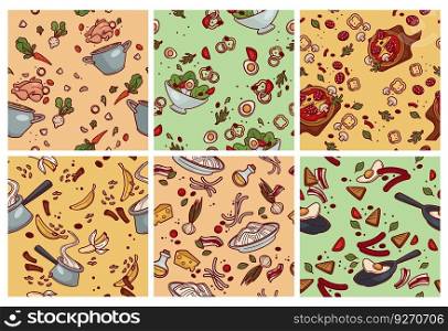 Background decoration design with meal elements. Flat food collection at decorative pattern, vector illustration. Seamless banner with restaurant breakfast and dinner, colorful backdrop. Background decoration design with meal elements