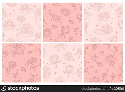 Background decoration set with blooming flowers. Pink decorative pattern collection with sketch lotus and roses, vector illustration. Floral seamless backdrop design with hand drawn elements. Background decoration set with blooming flowers