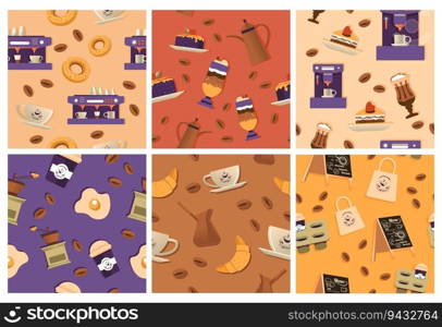 Background decoration with coffee shop elements. Colorful decorative pattern with drink cup, sweet dessert, vector illustration. Seamless banner with flat coffee machine, equipment and breakfast meal. Background decoration with coffee shop elements