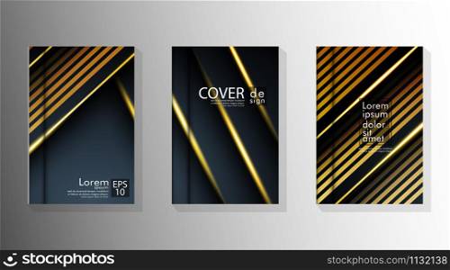 Background design of abstract dark and golden geometry line flyer. Cover book vector gradient template