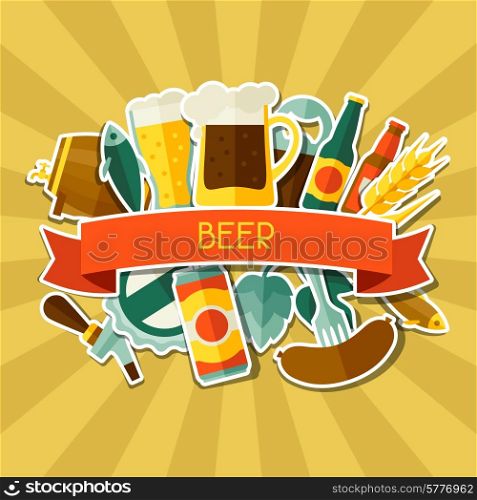 Background design with beer sticker icons and objects.. Background design with beer sticker icons and objects