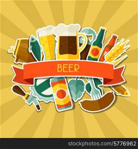 Background design with beer sticker icons and objects.. Background design with beer sticker icons and objects