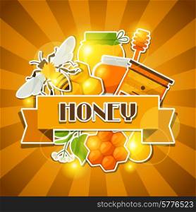 Background design with honey and bee stickers.. Background design with honey and bee stickers