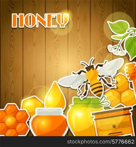 Background design with honey and bee stickers.. Background design with honey and bee stickers