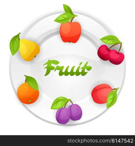Background design with plate and stylized fresh ripe fruits. Background design with plate and stylized fresh ripe fruits.