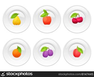 Background design with plates and stylized fresh ripe fruits. Background design with plates and stylized fresh ripe fruits.