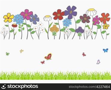 Background - floral cartoon set with flowers, grass and butterflies